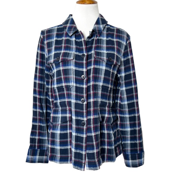 Sanctuary Navy Blue Plaid Tie Waist Long Sleeve Buttondown Shacket Jacket Top S - Picture 1 of 10